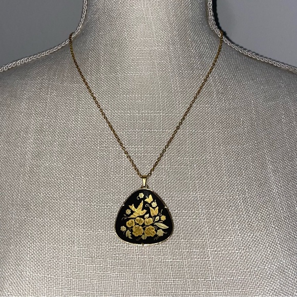 Damascene Spanish Black & Gold-Tone Engraved Inlay Flower Bird Vintage Necklace - Picture 4 of 16